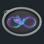 Neon Infinity Symbol with Glowing Hummingbird Belt Buckle<br><div class="desc">Glowing,  purple infinity symbol with flying,  luminous,  blue hummingbird on black background. Neon.</div>