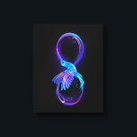 Neon Infinity Symbol with Glowing Hummingbird Canvas Print<br><div class="desc">Glowing,  purple infinity symbol with flying,  luminous,  blue hummingbird on black background. Neon.</div>