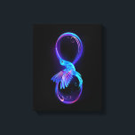 Neon Infinity Symbol with Glowing Hummingbird Canvas Print<br><div class="desc">Glowing,  purple infinity symbol with flying,  luminous,  blue hummingbird on black background. Neon.</div>