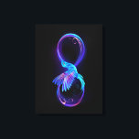 Neon Infinity Symbol with Glowing Hummingbird Canvas Print<br><div class="desc">Glowing,  purple infinity symbol with flying,  luminous,  blue hummingbird on black background. Neon.</div>