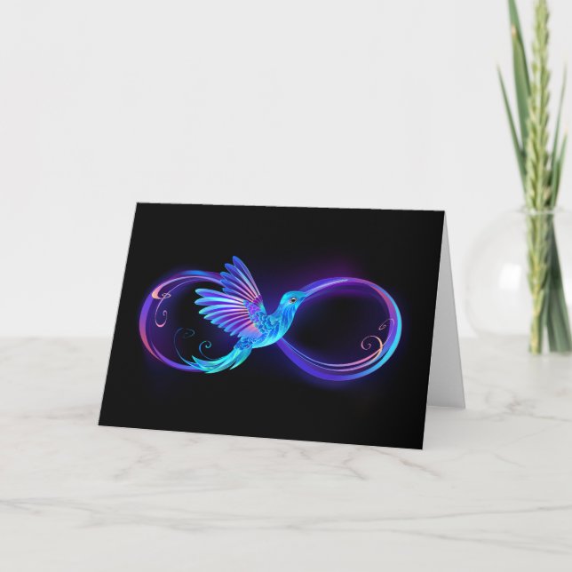 Neon Infinity Symbol with Glowing Hummingbird Card (Front)