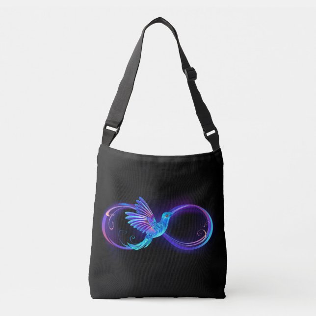 Neon Infinity Symbol with Glowing Hummingbird Crossbody Bag (Front)