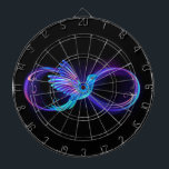 Neon Infinity Symbol with Glowing Hummingbird Dartboard<br><div class="desc">Glowing,  purple infinity symbol with flying,  luminous,  blue hummingbird on black background. Neon.</div>