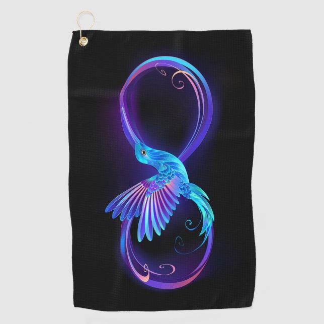 Neon Infinity Symbol with Glowing Hummingbird Golf Towel (Front)