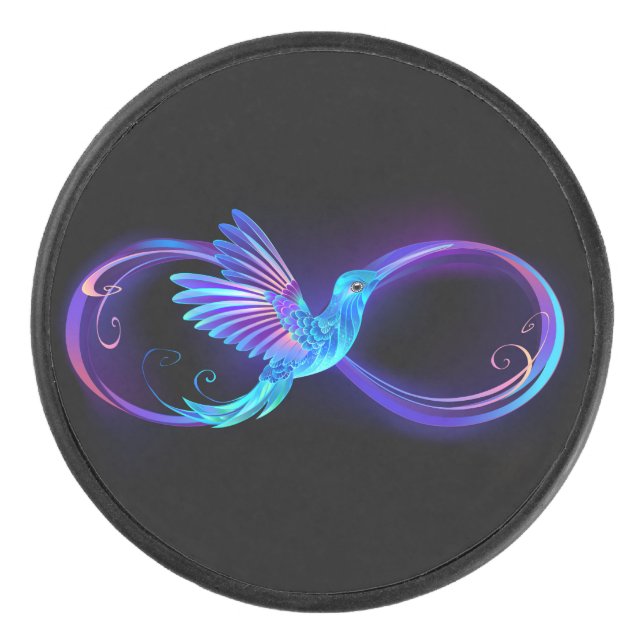 Neon Infinity Symbol with Glowing Hummingbird Hockey Puck (Front)