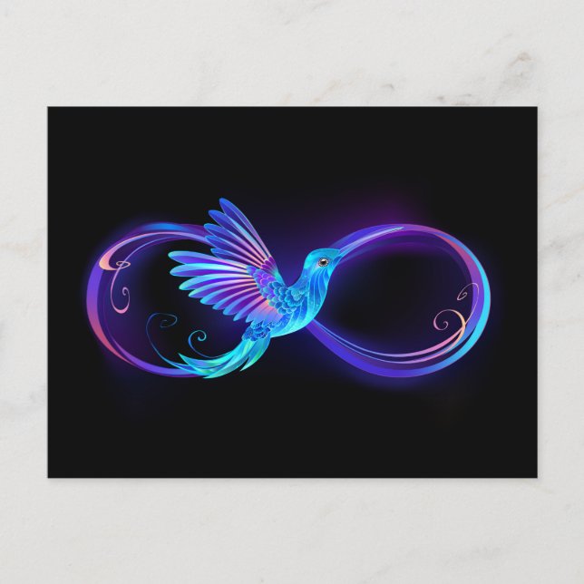 Neon Infinity Symbol with Glowing Hummingbird Invitation Postcard (Front)