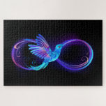 Neon Infinity Symbol with Glowing Hummingbird Jigsaw Puzzle<br><div class="desc">Glowing,  purple infinity symbol with flying,  luminous,  blue hummingbird on black background. Neon.</div>