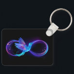Neon Infinity Symbol with Glowing Hummingbird Keychain<br><div class="desc">Glowing,  purple infinity symbol with flying,  luminous,  blue hummingbird on black background. Neon.</div>