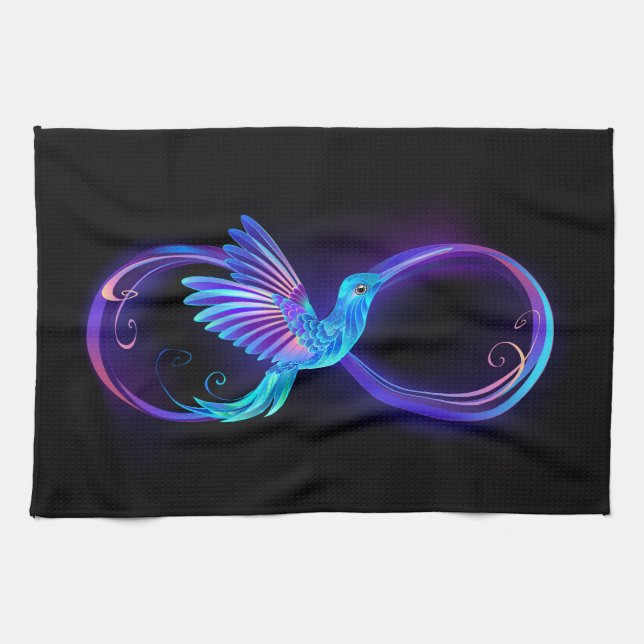 Neon Infinity Symbol with Glowing Hummingbird Kitchen Towel (Horizontal)