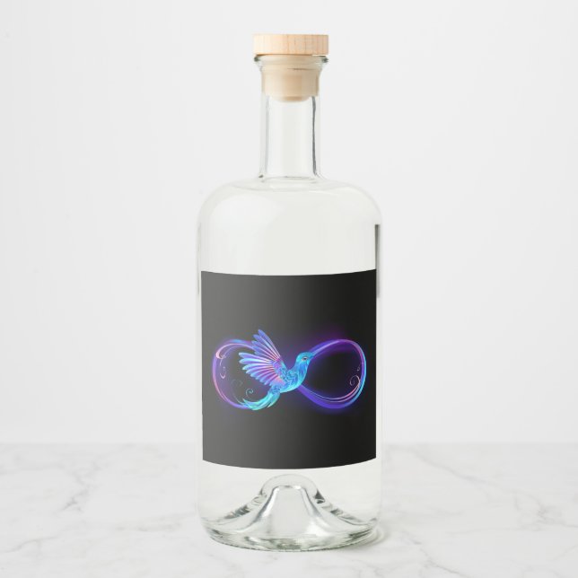 Neon Infinity Symbol with Glowing Hummingbird Liquor Bottle Label (Front)