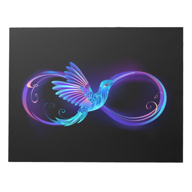 Neon Infinity Symbol with Glowing Hummingbird Notepad (Front)