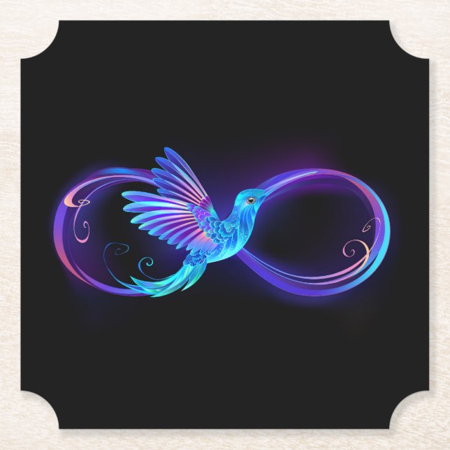 Neon Infinity Symbol with Glowing Hummingbird Paper Coaster (Front)