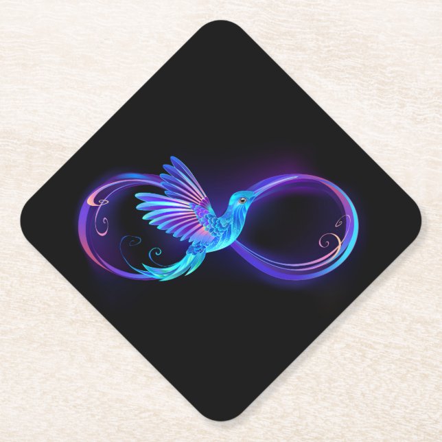 Neon Infinity Symbol with Glowing Hummingbird Paper Coaster (Front)