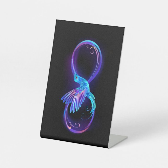 Neon Infinity Symbol with Glowing Hummingbird Pedestal Sign (Front)