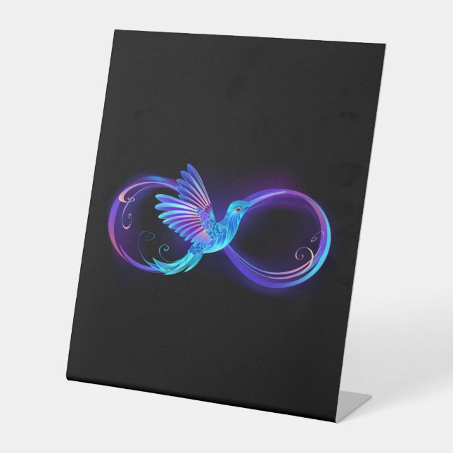 Neon Infinity Symbol with Glowing Hummingbird Pedestal Sign (Front)