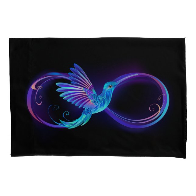Neon Infinity Symbol with Glowing Hummingbird Pillowcase (Front-Left)