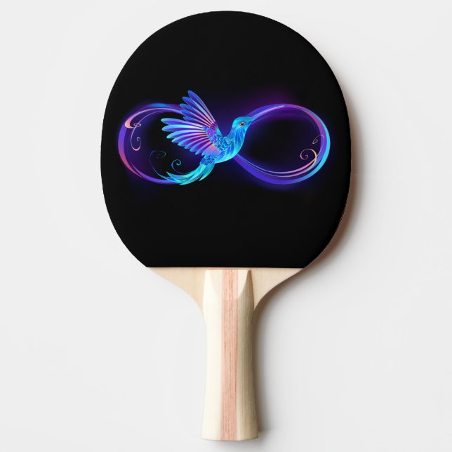 Neon Infinity Symbol with Glowing Hummingbird Ping Pong Paddle (Front)