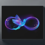 Neon Infinity Symbol with Glowing Hummingbird Plaque<br><div class="desc">Glowing,  purple infinity symbol with flying,  luminous,  blue hummingbird on black background. Neon.</div>