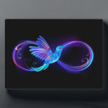 Neon Infinity Symbol with Glowing Hummingbird Plaque<br><div class="desc">Glowing,  purple infinity symbol with flying,  luminous,  blue hummingbird on black background. Neon.</div>