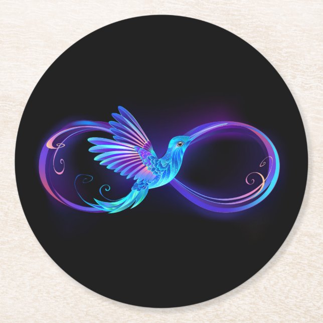 Neon Infinity Symbol with Glowing Hummingbird Round Paper Coaster (Front)