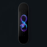 Neon Infinity Symbol with Glowing Hummingbird Skateboard<br><div class="desc">Glowing,  purple infinity symbol with flying,  luminous,  blue hummingbird on black background. Neon.</div>