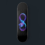 Neon Infinity Symbol with Glowing Hummingbird Skateboard<br><div class="desc">Glowing,  purple infinity symbol with flying,  luminous,  blue hummingbird on black background. Neon.</div>