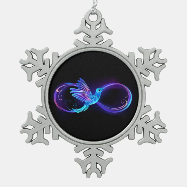 Neon Infinity Symbol with Glowing Hummingbird Snowflake Pewter Christmas Ornament (Front)