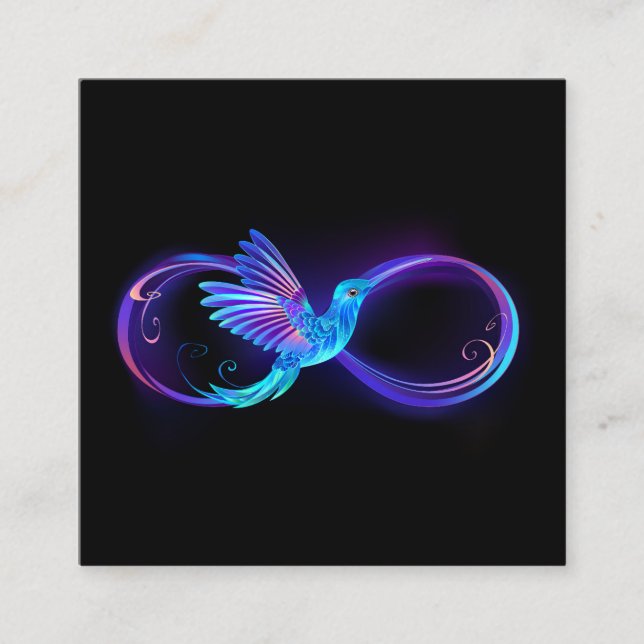 Neon Infinity Symbol with Glowing Hummingbird Square Business Card (Front)