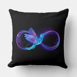 Neon Infinity Symbol with Glowing Hummingbird Throw Pillow