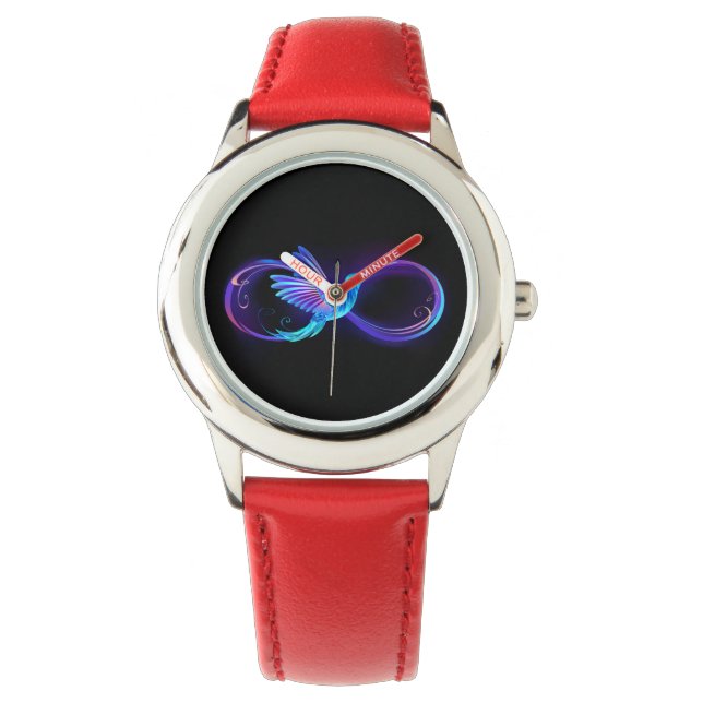 Neon Infinity Symbol with Glowing Hummingbird Watch (Front)