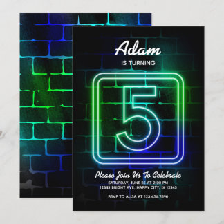 Neon invitation anniversaire Boy 5e anniversaire