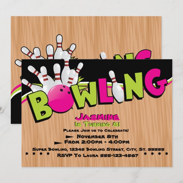 Néon, invitations d'anniversaire de bowling de (Devant / Derrière)