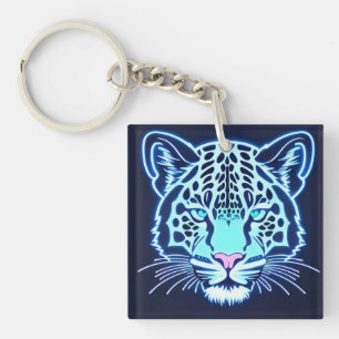 Neon Jaguar Head Outline on Dark Background Keychain