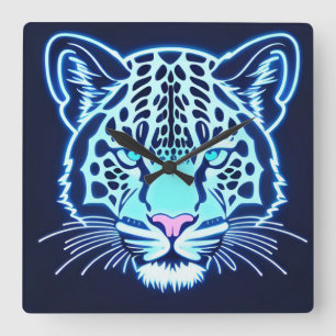 Neon Jaguar Head Outline on Dark Background Square Wall Clock
