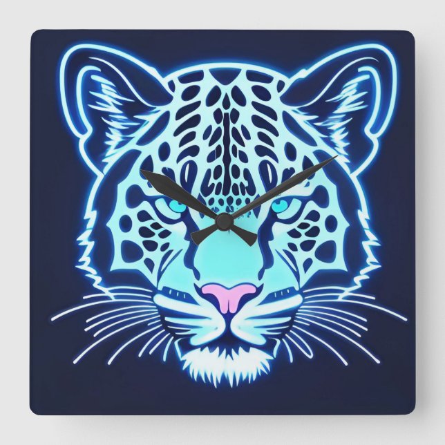 Neon Jaguar Head Outline on Dark Background Square Wall Clock (Front)