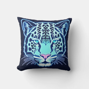 Neon Jaguar Head Outline on Dark Background Throw Pillow
