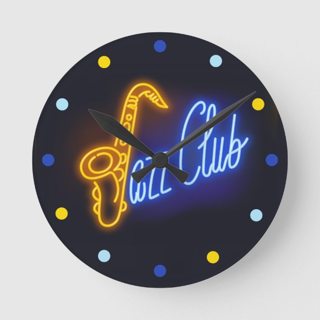 Neon Jazz Club Saxophone Sax blue Yellow Clock (Front)