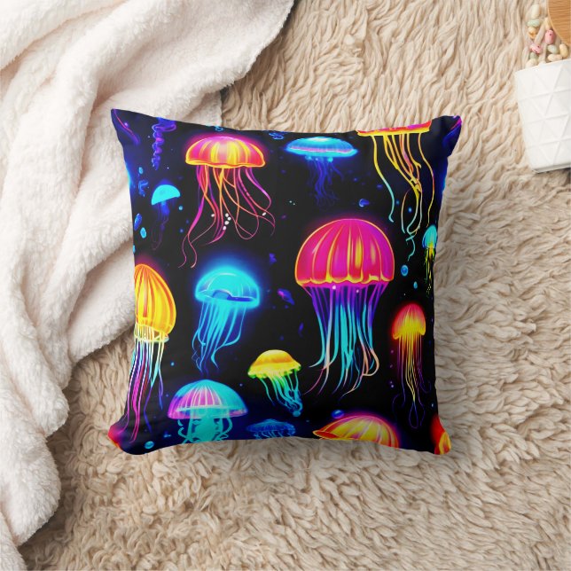 Neon Jellyfish Dreamscape Throw Pillow (Blanket)
