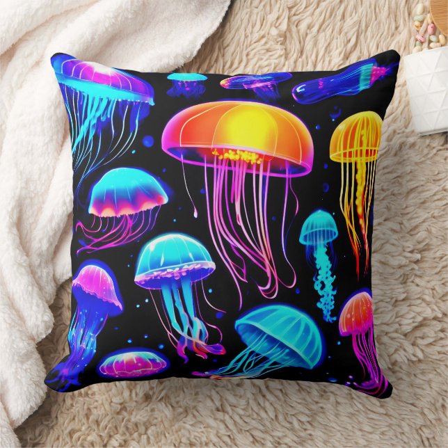 Neon Jellyfish Throw Pillow (Blanket)