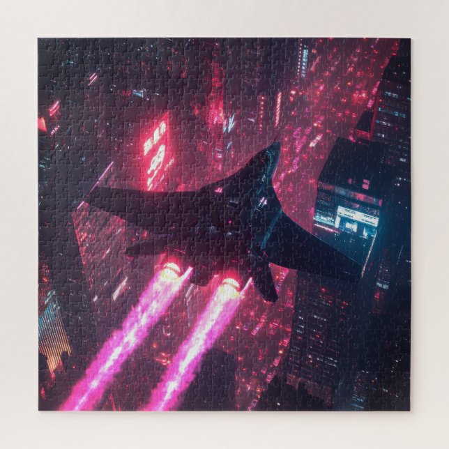 Neon Jet Over Cyberpunk City – Sci-Fi Puzzle (Vertical)