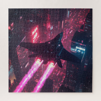 Neon Jet sur Cyberpunk City - Puzzle Sci-Fi