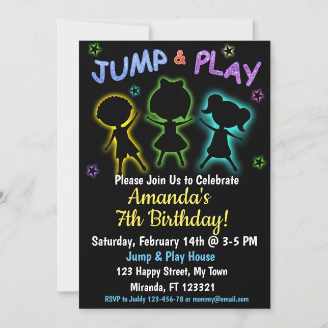 Neon Jump et Play invitation d'anniversaire (Devant)