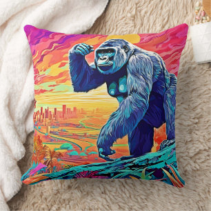 Neon Jungle Gorilla Urban Fantasy Throw Pillow