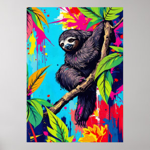 Neon Jungle Sloth – Colour Splash Animal Art Poster