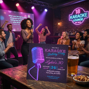 Neon Karaoke Birthday Party Microphone Square  Invitation