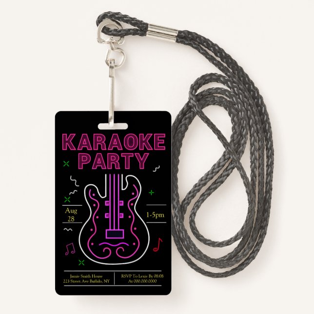 Neon Karaoke Party Badge (Front with Lanyard)