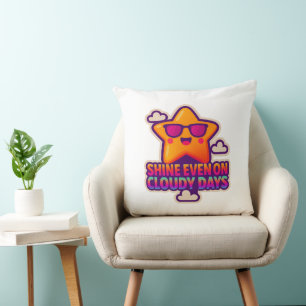 Neon Kawaii Star – “Shine Even on Cloudy Days” Throw Pillow