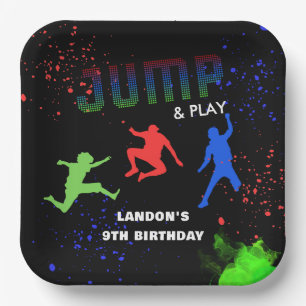 Neon Kids Trampoline Park Birthday Party Paper Plate