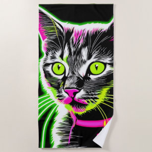Neon Kitty Feline Art Beach Towel