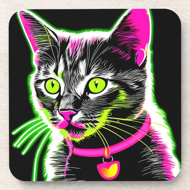 Neon Kitty Feline Art Coaster (Front)